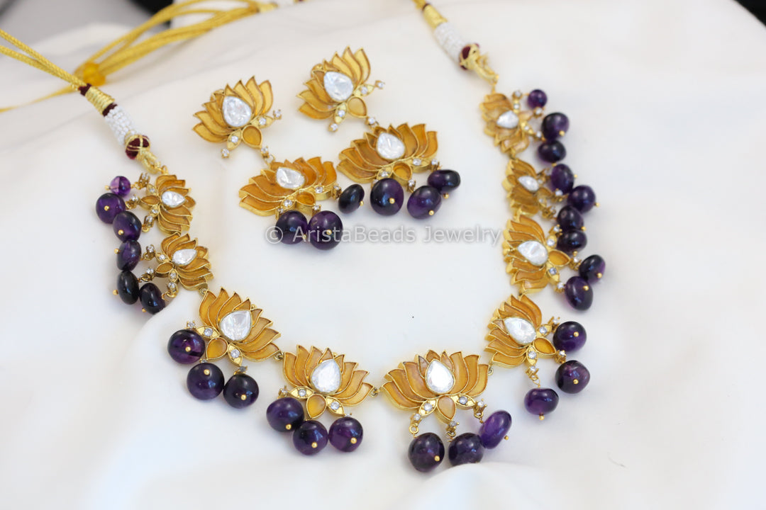 Mustard Talpe Jadau Work Lotus Necklace - Amethyst Drops