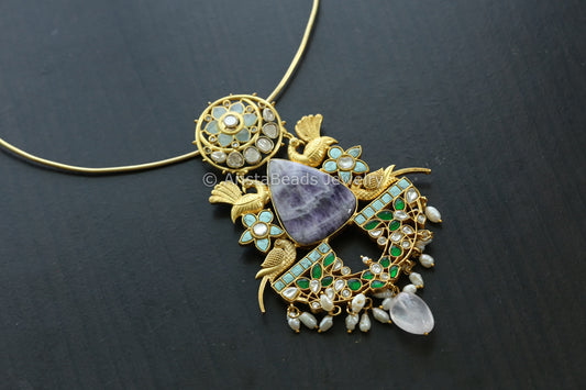 Designer Jadau Pendant Hasli Necklace  - Amethyst