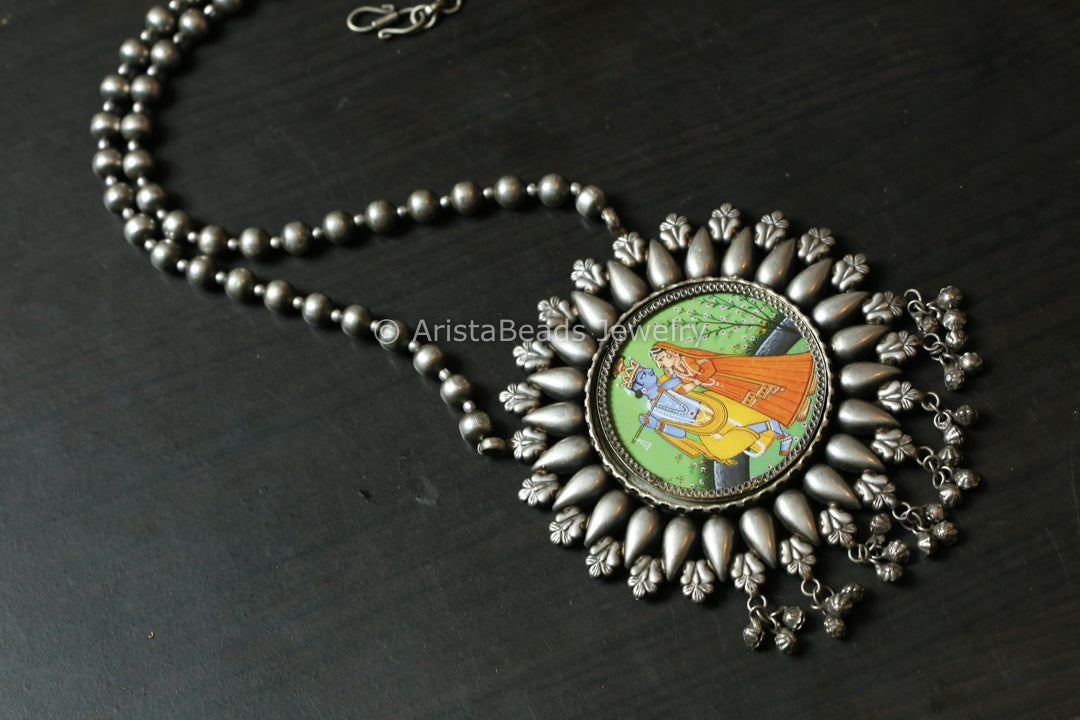Pichwai Painting Silver Look Necklace - Radha Krishna
