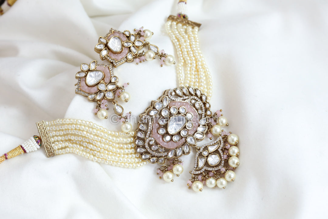 Moissanite Look Kundan Polki Necklace - Peach Pink