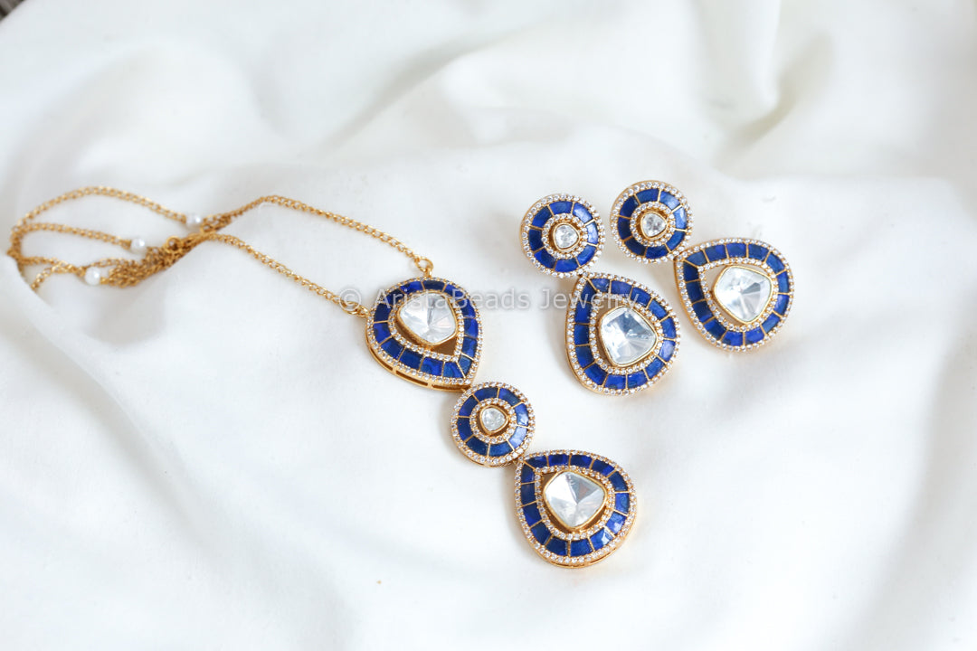 Jadau Kundan Moissanite Look Polki Kundan Set- Blue