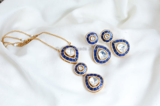 Jadau Kundan Moissanite Look Polki Kundan Set- Blue