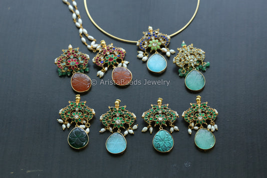 Dainty Jadau & Carved Stone Pendants - Hasli Or Pearl Chain
