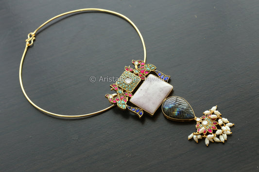 Chalcedony Kundan Fusion Necklace - Style 4(Removable Hasli)