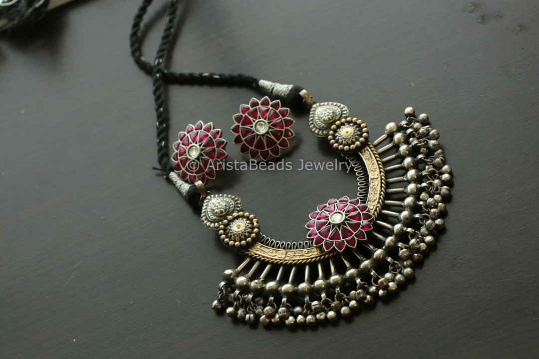 Dual Tone Silver Replica Necklace Set - Black Thread