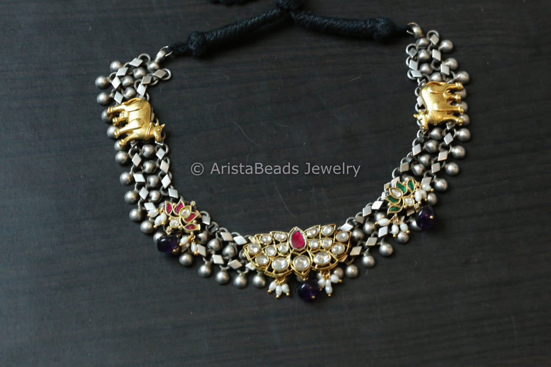 Real Silver Replica Necklace- Kundan & Cow  Motif