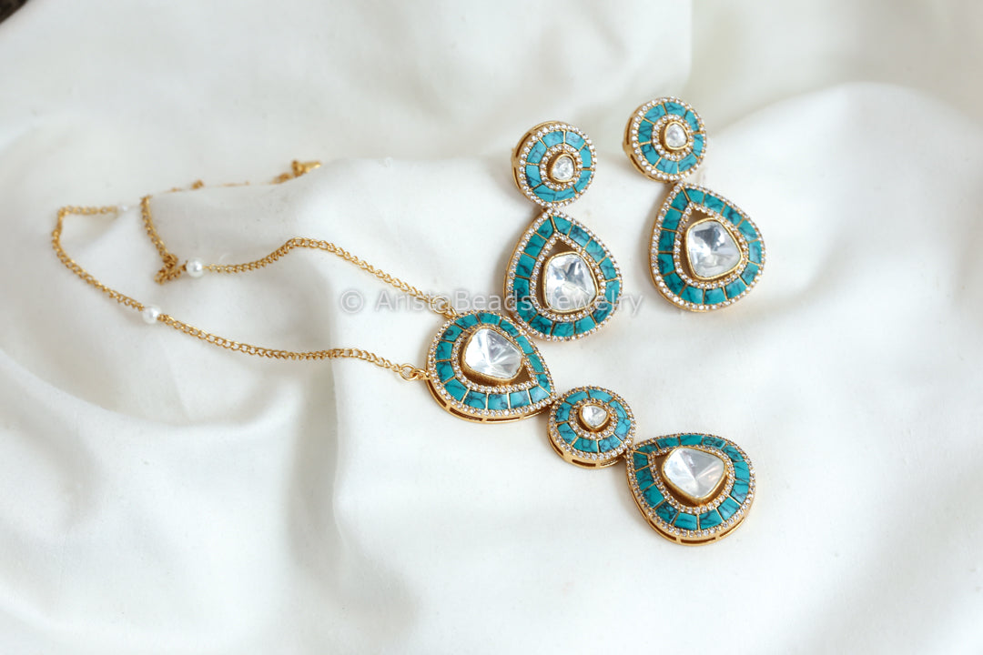 Jadau Kundan Moissanite Look Polki Kundan Set- Turquoise