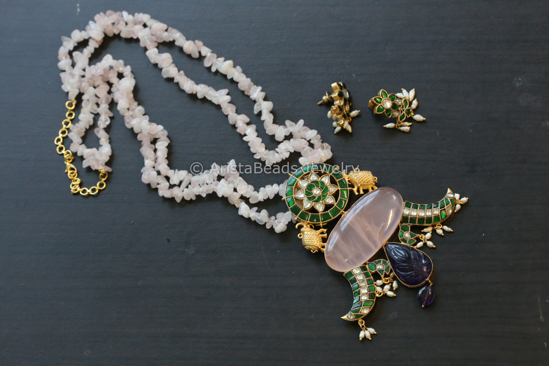 Rose Quartz Amethyst Designer Jadau Necklace Set