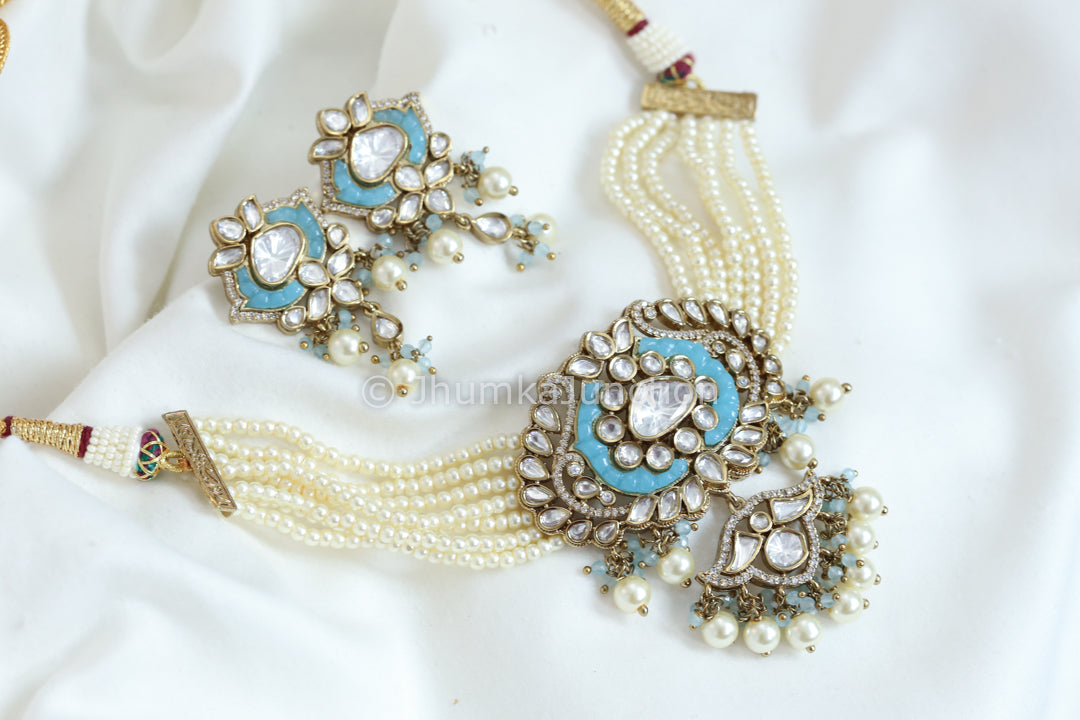 Moissanite Look Kundan Polki Necklace - Aqua