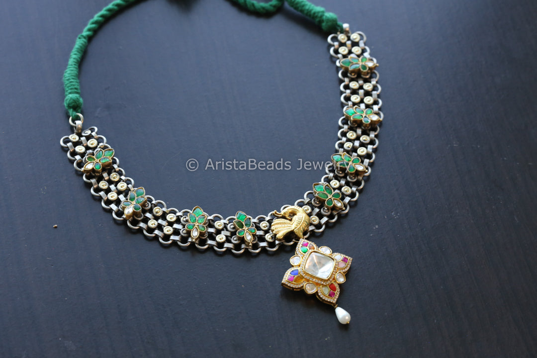 Real Silver Replica Necklace- Kundan Polki Motif