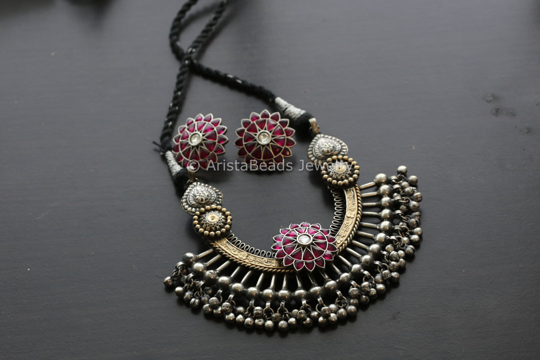 Dual Tone Silver Replica Necklace Set - Black Thread
