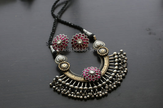 Dual Tone Silver Replica Necklace Set - Black Thread