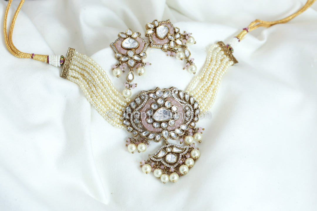 Moissanite Look Kundan Polki Necklace - Peach Pink