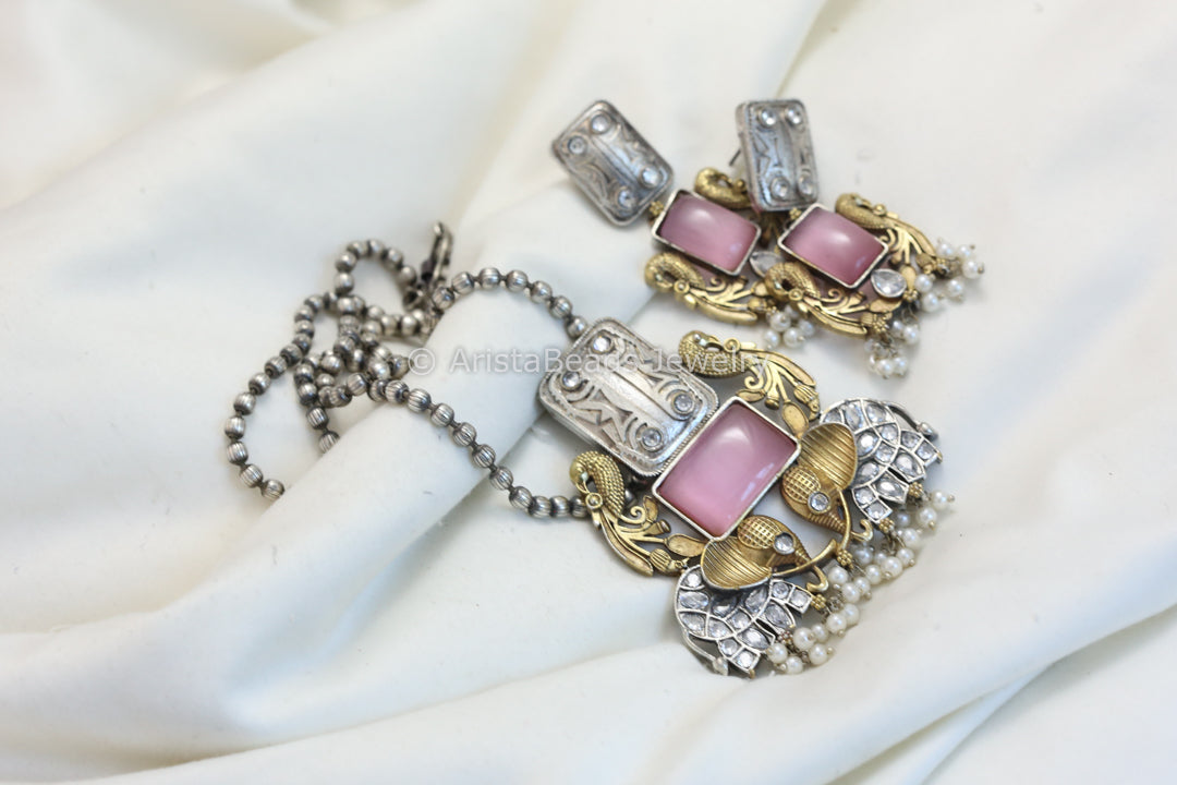 Silver Replica Necklace Set-Pink