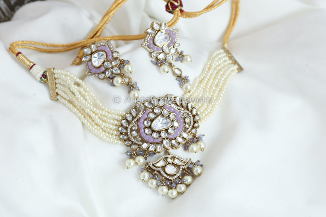 Moissanite Look Kundan Polki Necklace - Pink