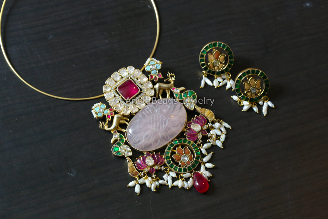 Rose Quartz & Real Moissanite Jadau Fusion Necklace - Style 7