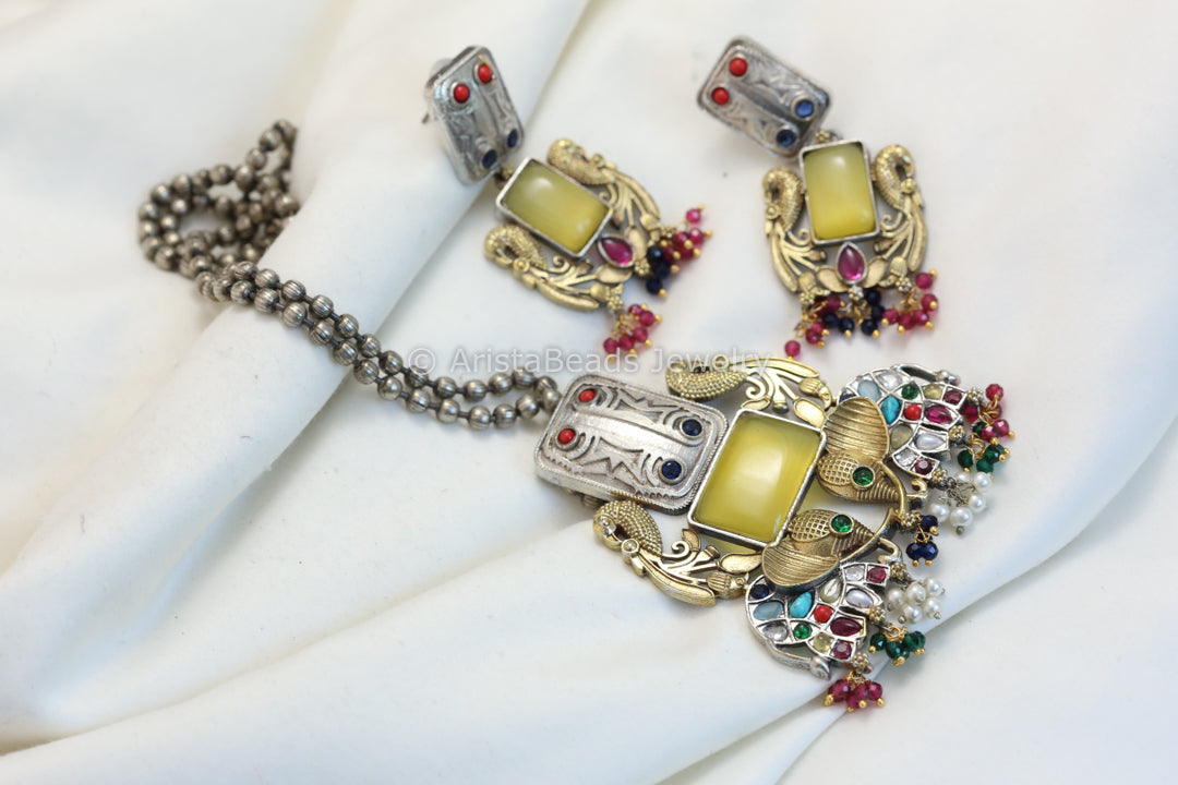 Silver Replica Necklace Set- Yellow