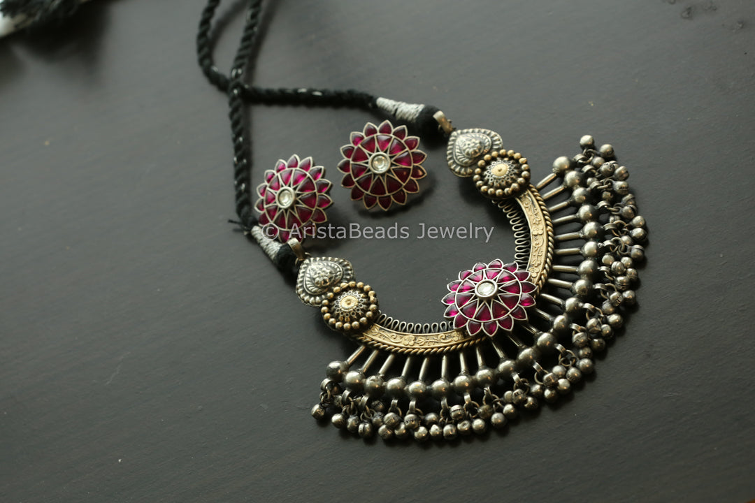 Dual Tone Silver Replica Necklace Set - Black Thread