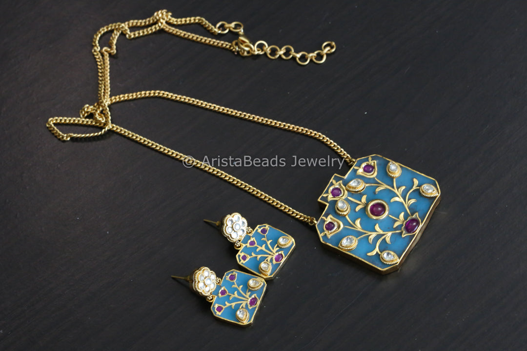 Jadau Kundan Inlay Work Set -Blue