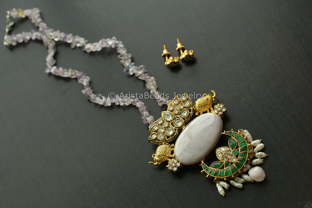 Jadau Kundan Fusion Necklace - Chalcedony ( Amethyst Chain)