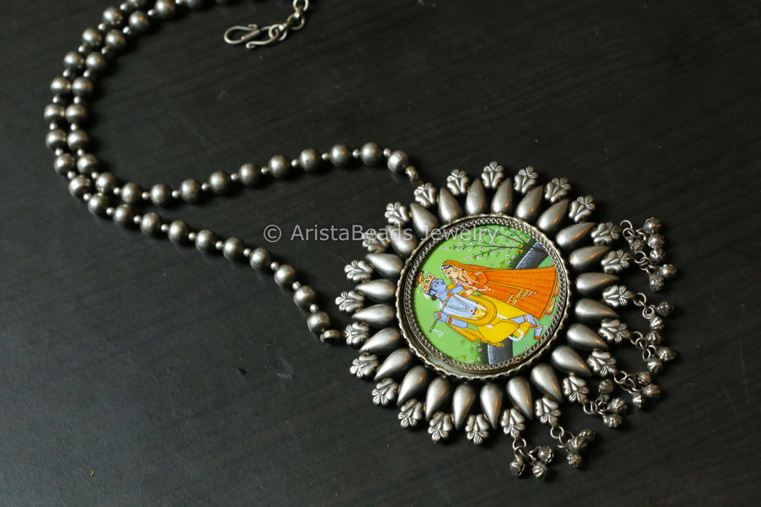 Pichwai Painting Silver Look Necklace - Radha Krishna