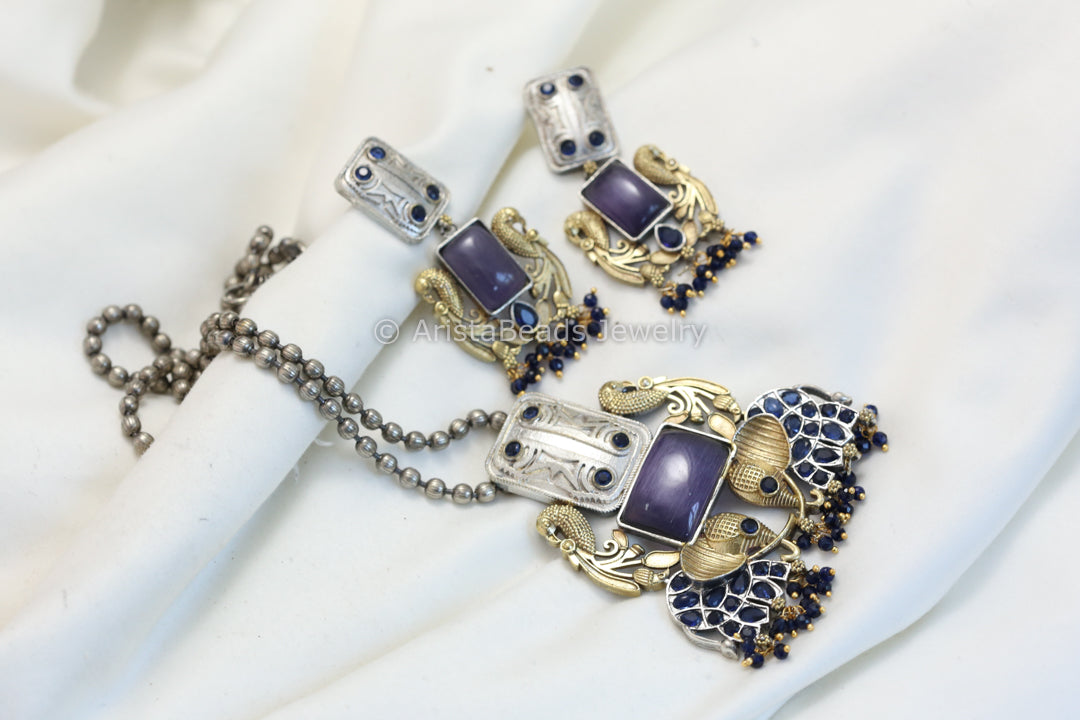 Silver Replica Necklace Set- Purple Blue
