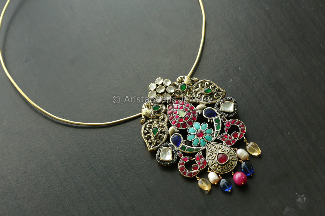 Moissanite Fusion Kundan Pendant- Real Pearls & Citrine Drops