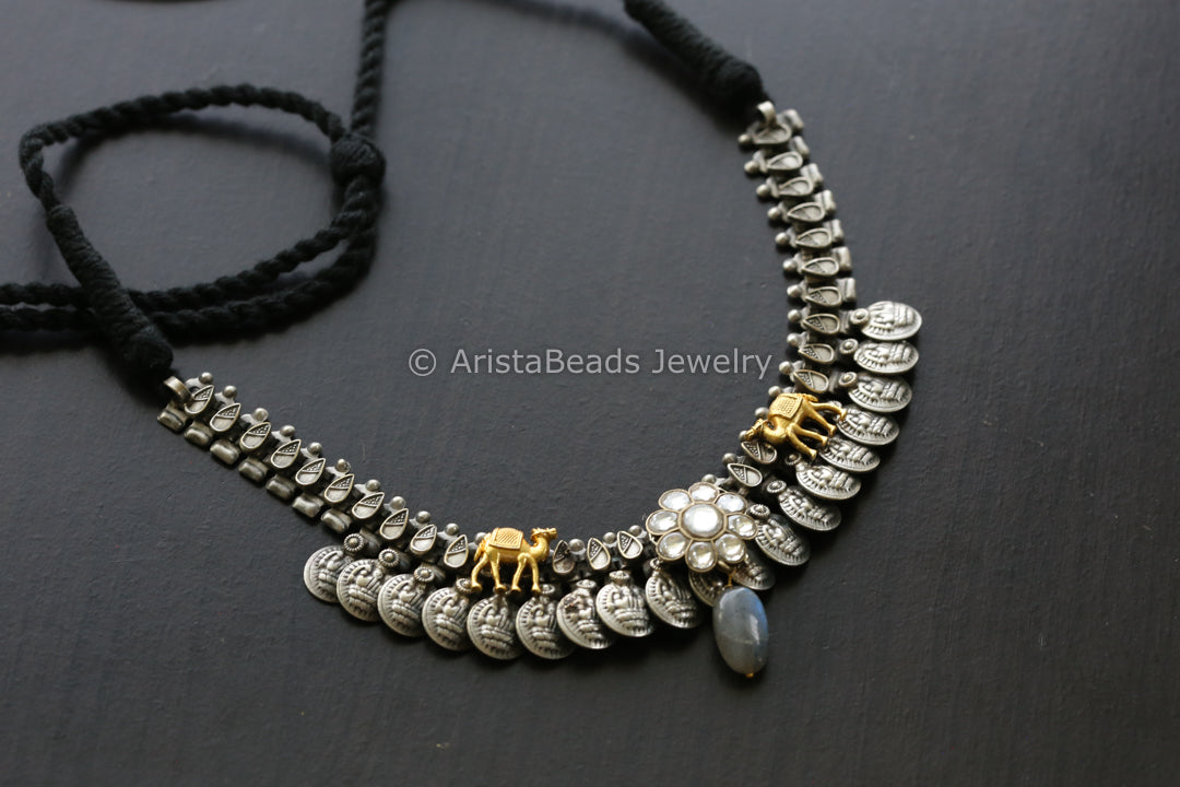 Silver Look Alike Coin Necklace - Labradorite Drop