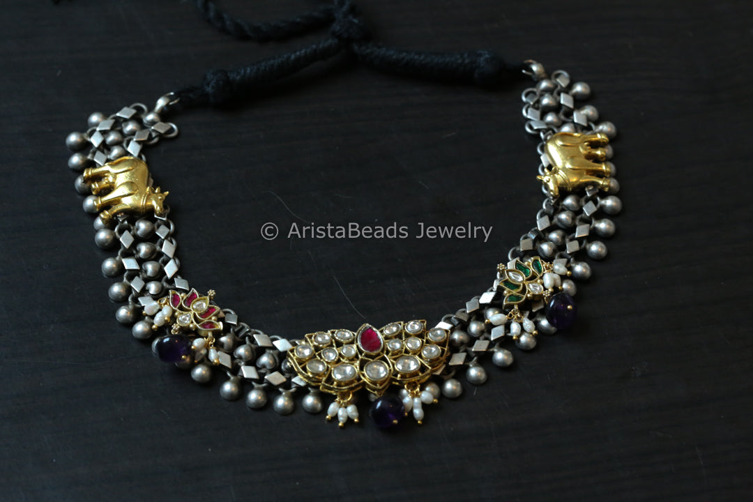 Real Silver Replica Necklace- Kundan & Cow  Motif