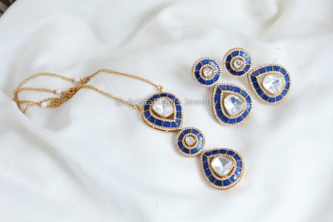 Jadau Kundan Moissanite Look Polki Kundan Set- Blue