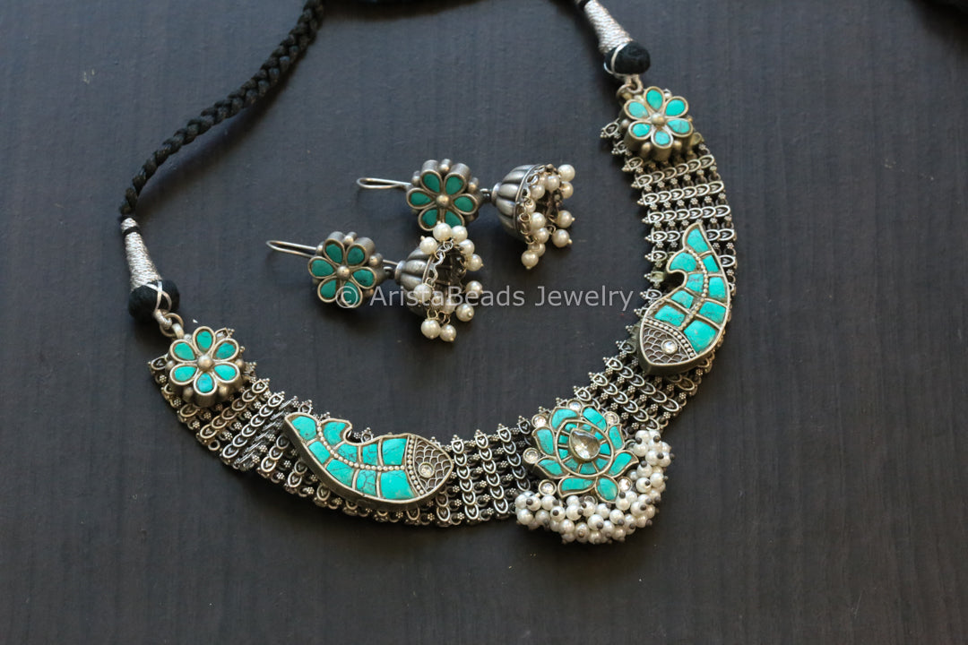 Next To Real Silver Jadau Fusion Necklace Set - Turquoise