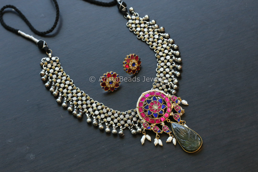 Next To Real Silver Labradorite Jadau Kundan Necklace Set