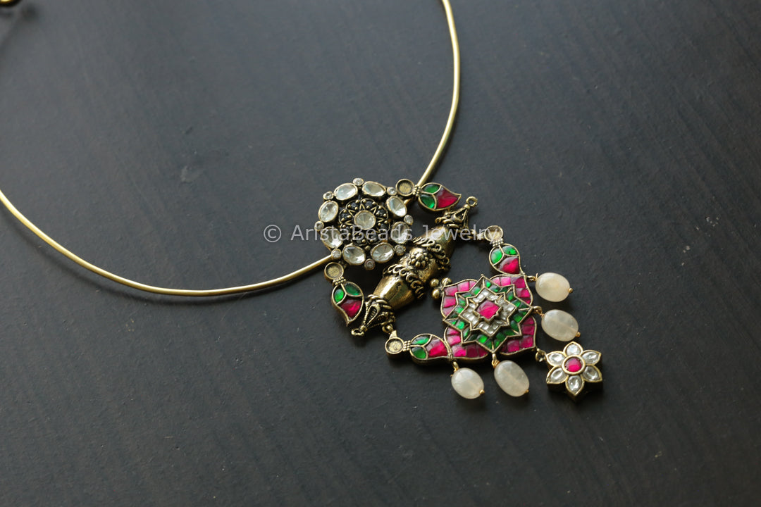Moissanite Fusion Kundan Pendant - Rose Quartz & Kundan Drop