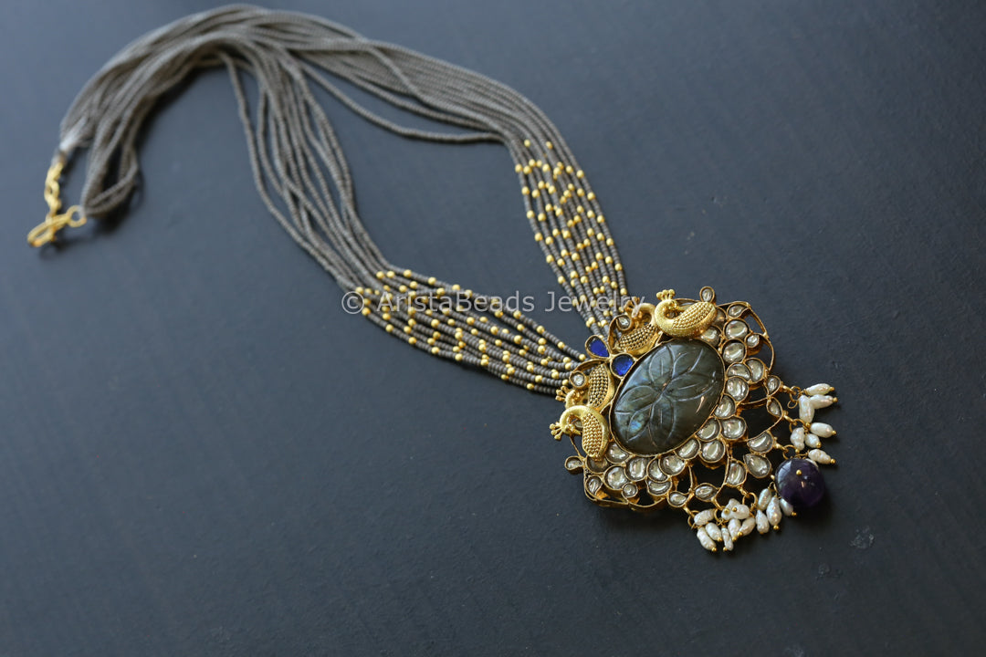 Jadau Kundan Fusion Necklace - Carved Labradorite