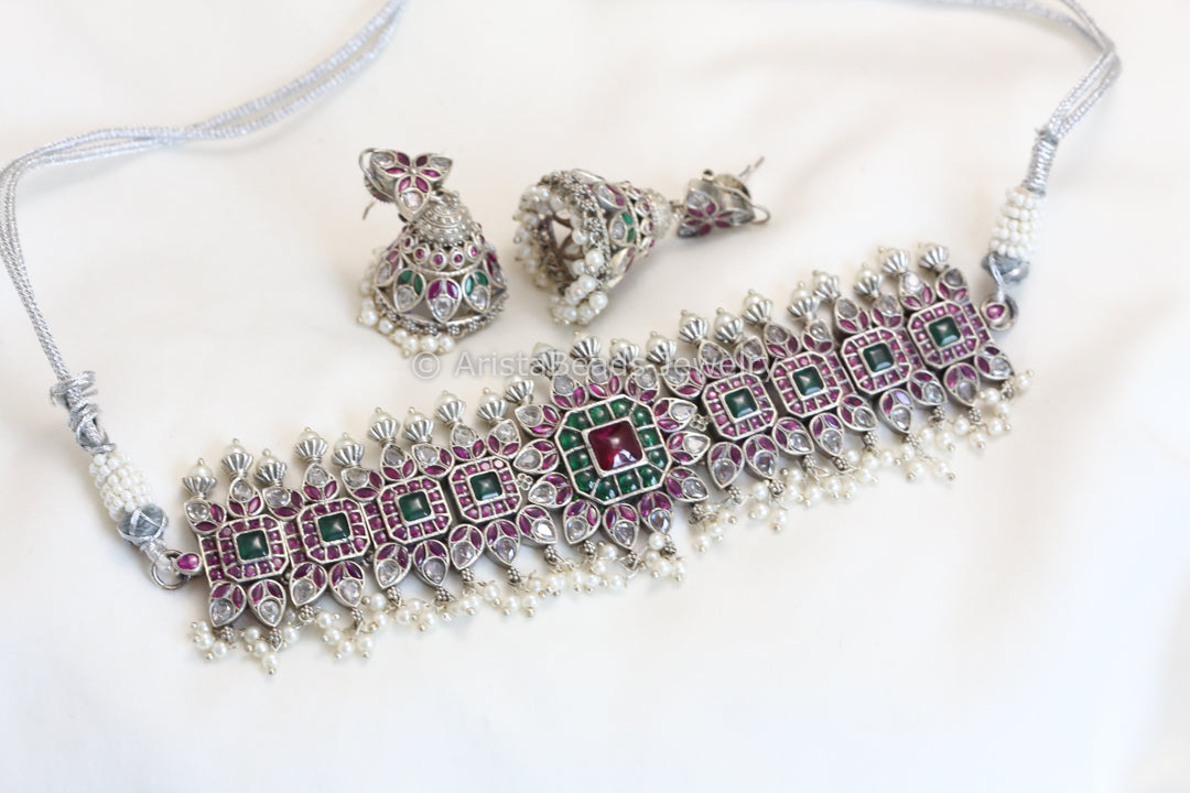 Silver Replica Kemp Choker Set - Ruby Green