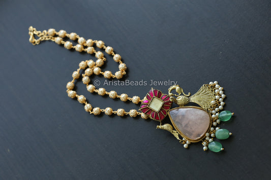 Handmade Jadau Necklace -Rose Quartz
