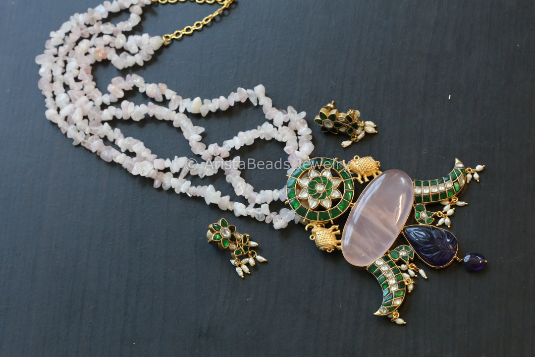 Rose Quartz Amethyst Designer Jadau Necklace Set
