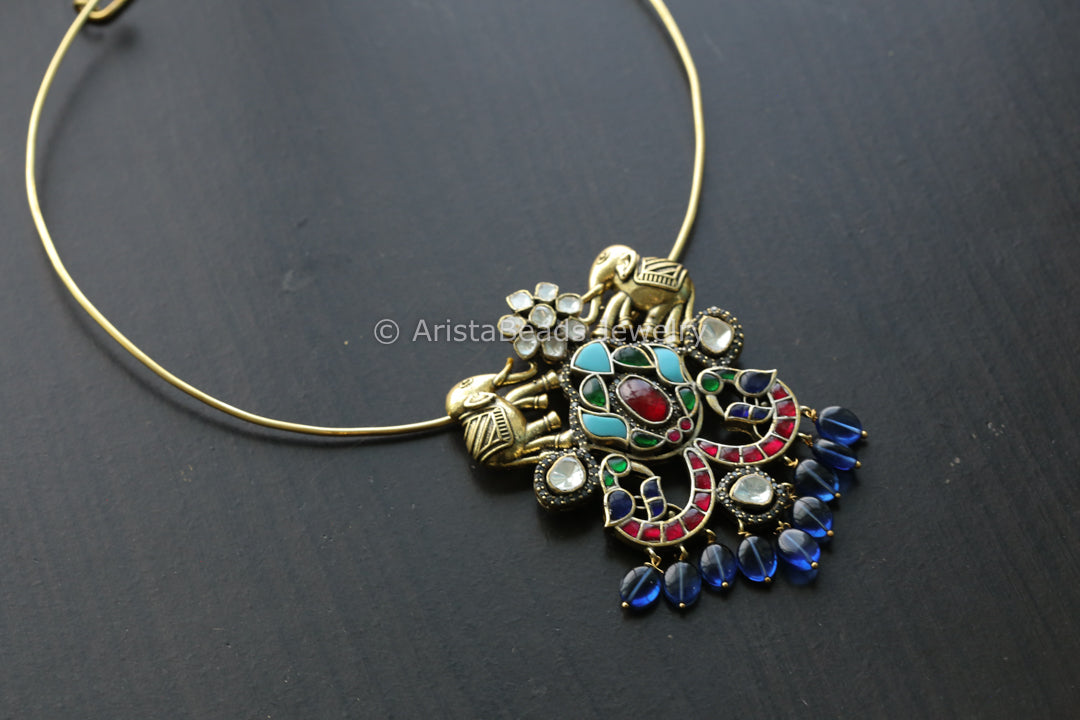 Moissanite Fusion Kundan Pendant -Blue Drops