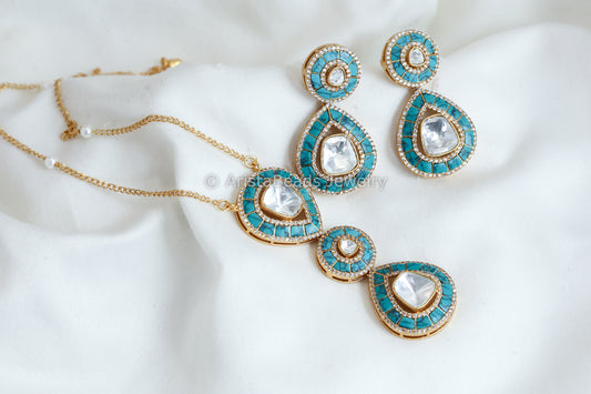Jadau Kundan Moissanite Look Polki Kundan Set- Turquoise