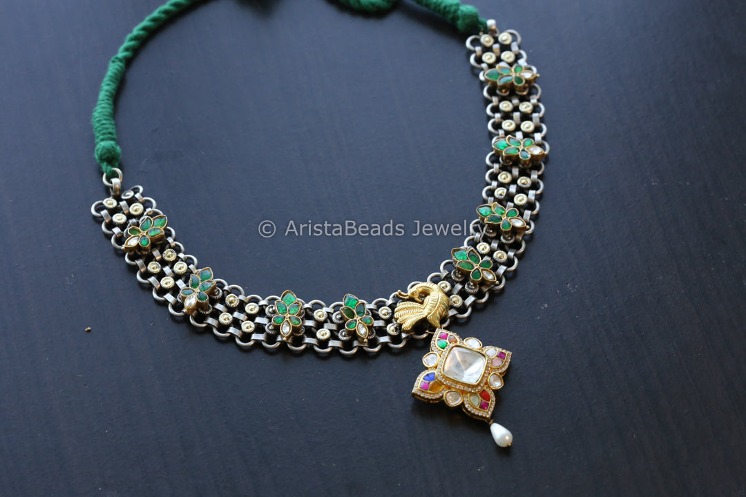 Real Silver Replica Necklace- Kundan Polki Motif