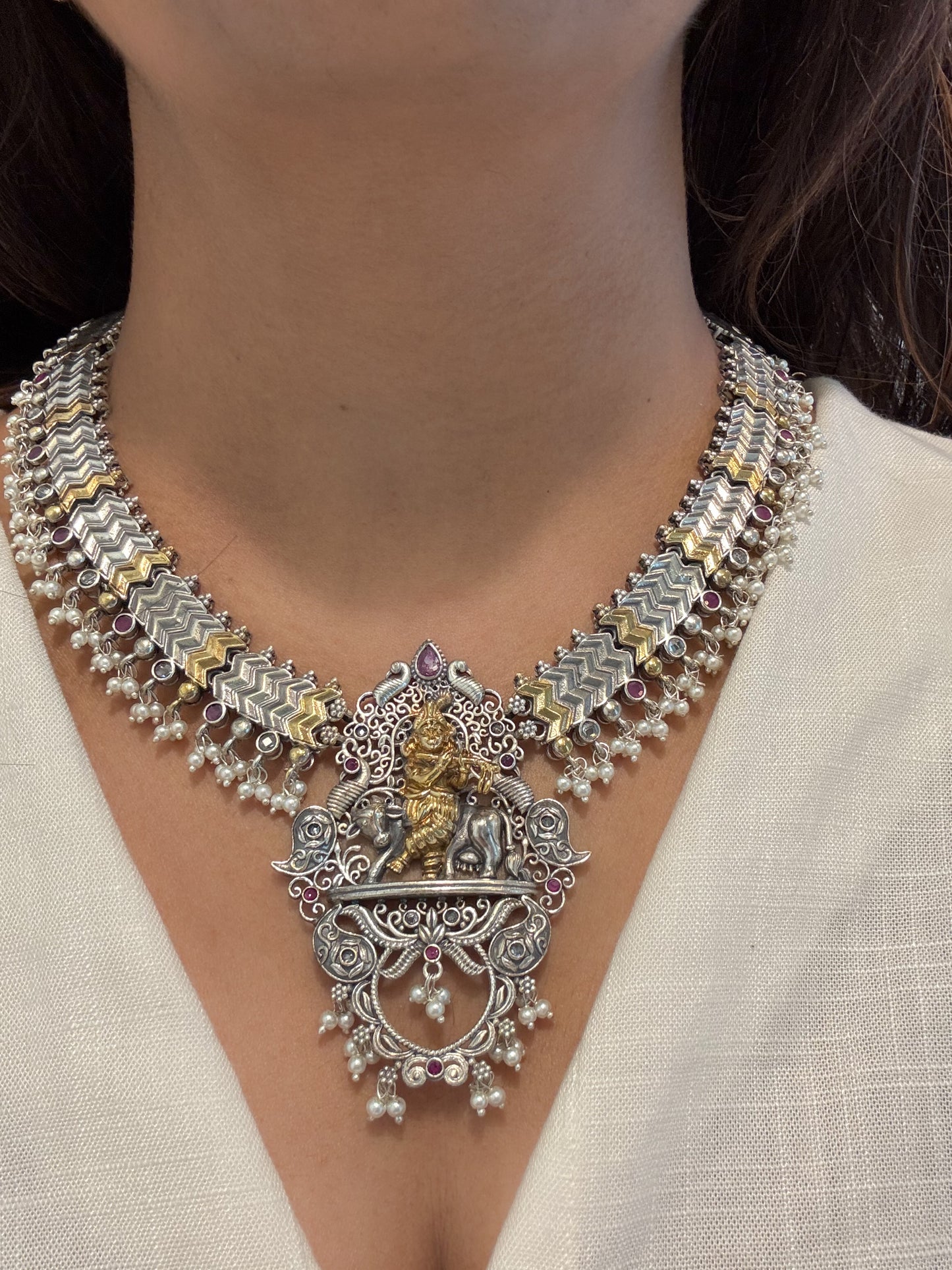 Shri Krishna Dual Tone Necklace Set - Ruby