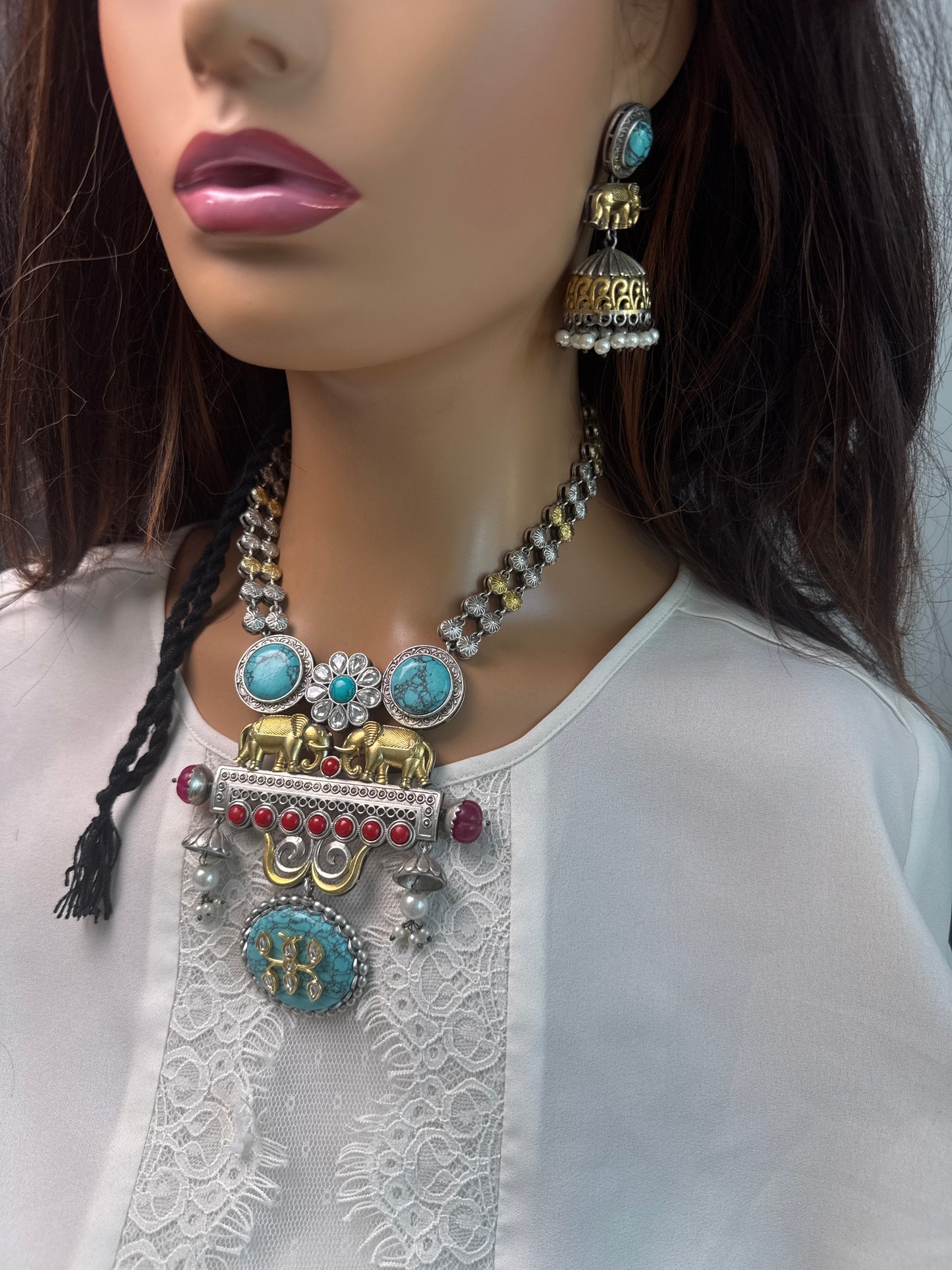Seerat Silver Look Dual Tone Necklace Set  - Turquoise
