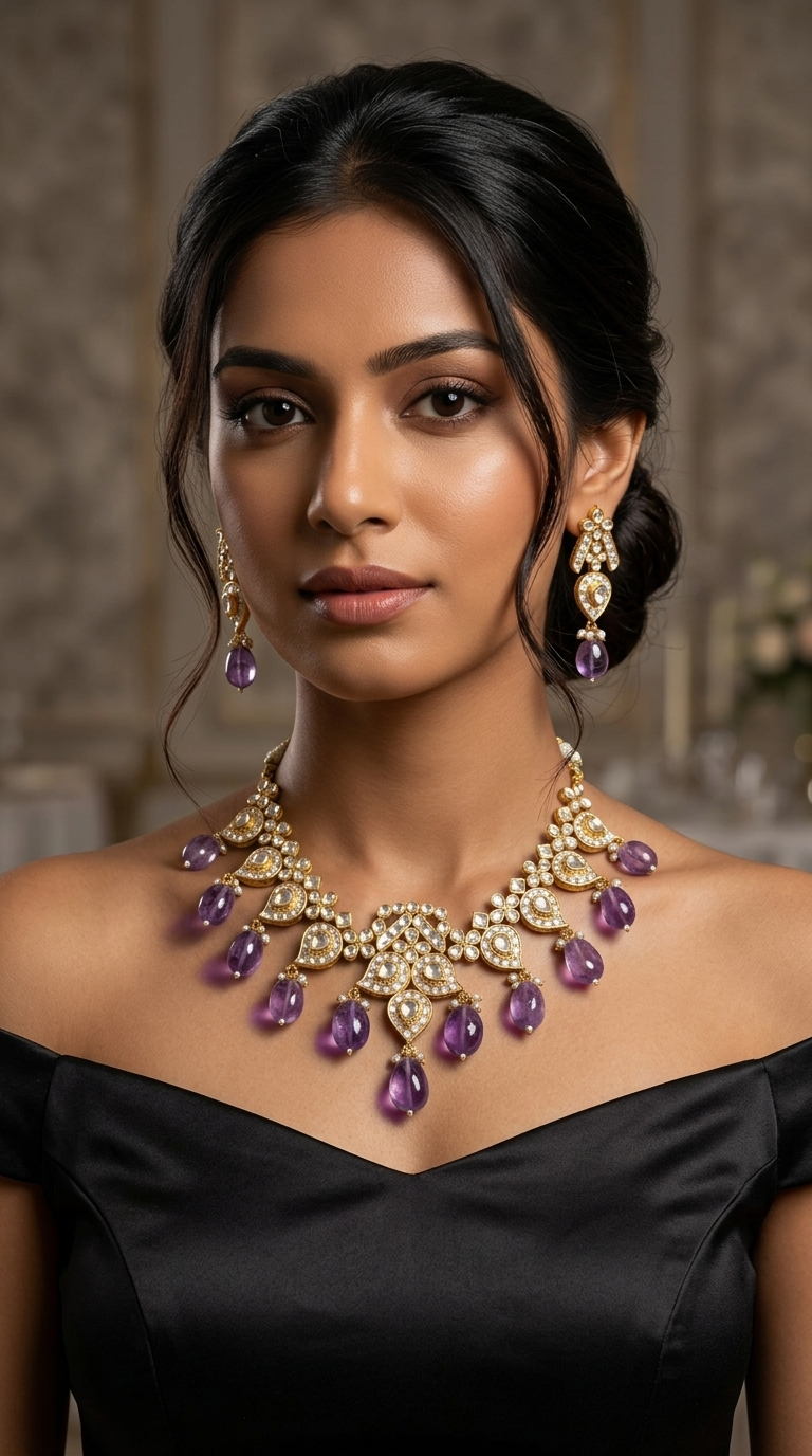 Handmade Amethyst Pachi Kundan Necklace  Set