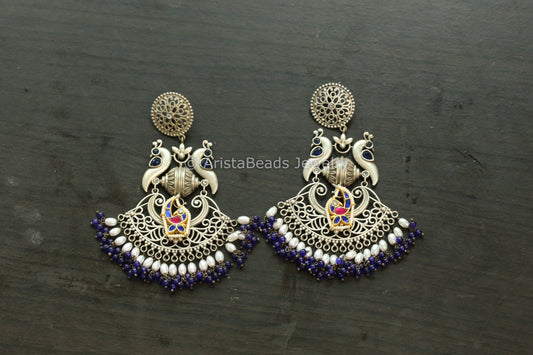 Large Blue Fusion Kundan Earrings