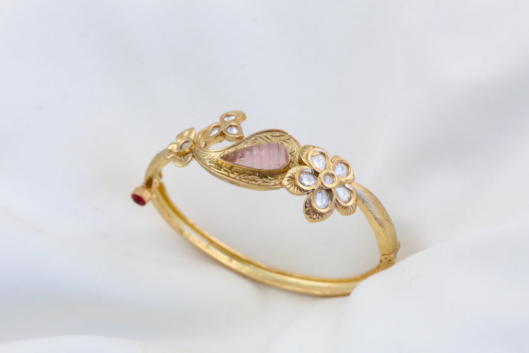 Premium Polki Bracelet - Pink Carved Stone (Openable)