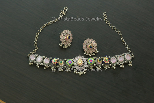 Silver Replica Fusion Kundan Necklace Set - Pink