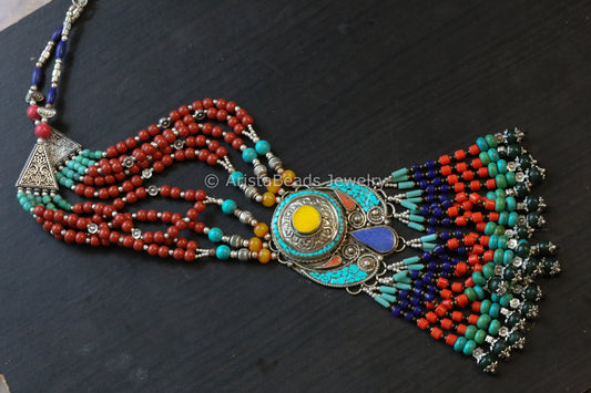 Real Tibetan Necklace With Semiprecious Stones - Design 13