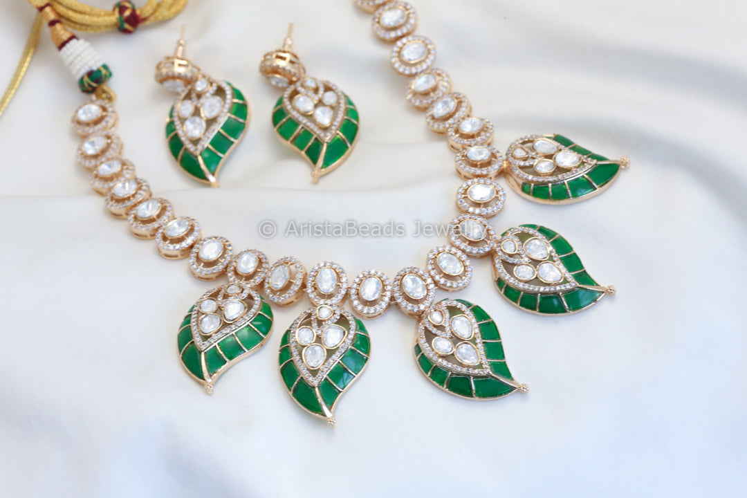 Real Moissanite Polki Necklace Set - Green