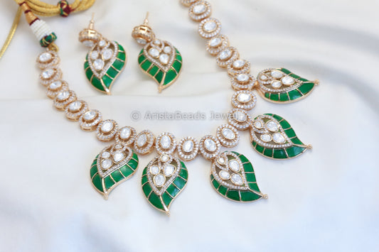 Real Moissanite Polki Necklace Set - Green