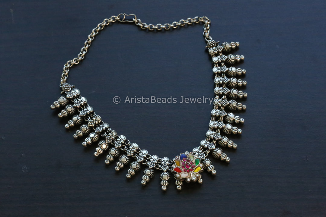 Navratan Fusion Silver Look Necklace